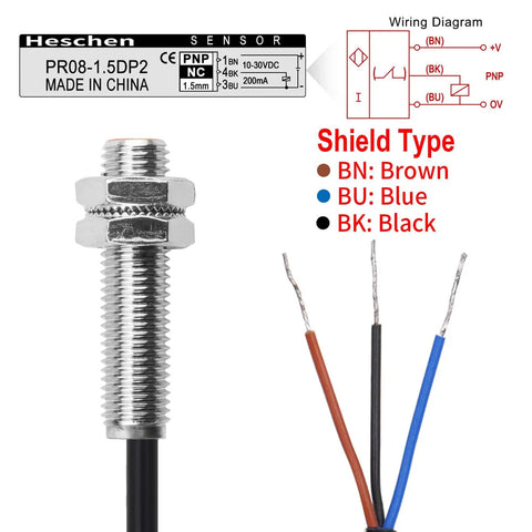 M8 inductive proximity sensor switch 1.5mm sensing distance cylindrical detector DC 12-24V 3-wire PNP normally closed shielded flush