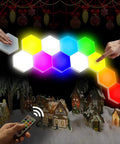 Hexagonal Wall Light Kit With Modular Touch Sensing Panels Dope 10 Pack LED Geometric Wall Lamps, remote controlled color lights