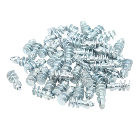 50 Piece Screw In Tire Studs Tough Tungsten Steel Snow Spikes in silver, designed for enhanced winter traction on vehicles.