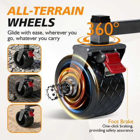 All-terrain wheels of Heavy Duty Folding Wagon Cart With 660 Lb Capacity, 3 In 1 Reclining Camping Wagon, adjustable handle.