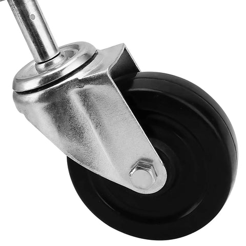 Close-up of Heavy Duty 2 Pack 4 Inch Spring Loaded Gate Casters With 360 Swivel Wheels and rubber tread for smooth rolling.