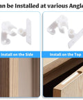 No Sweat Heavy Duty White Cabinet Door Retainer Ball Catch 5 Pack Smooth Push Latch installed at various angles on cabinets.