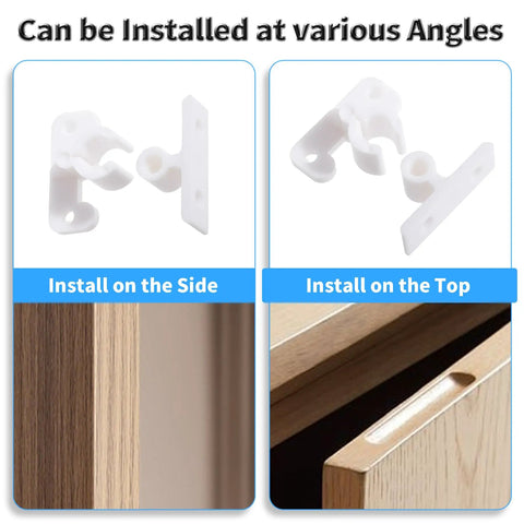No Sweat Heavy Duty White Cabinet Door Retainer Ball Catch 5 Pack Smooth Push Latch installed at various angles on cabinets.