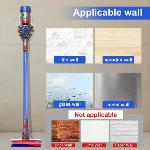 Dyson V7 V8 Wall Mount Storage Holder For Vacuum Cleaner Bracket Organizer Wall Mount Stand Easy Install White illustration showing applicable and non-applicable wall types.