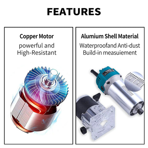 Close-up of copper motor and aluminum shell of Rock Solid Electric Wood Router And Smooth Operator Trimmer, highlighting durability and features.