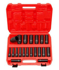 Heavy Duty 20 Piece Impact Socket Set With Case Fits Metric Sizes For Pro Mechanics, Garage DIYers, And Workshop Pros Who Need A Super Durable Chrome Molybdenum Air Tool Kit To Get The Job Done Fast. 20-piece metric impact socket set in red molded case, 8mm to 32mm