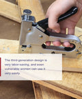 Person using Heavy Duty Upholstery Staple Gun 4 In 1 Stapler With 2000 Staples on wooden carpentry project.
