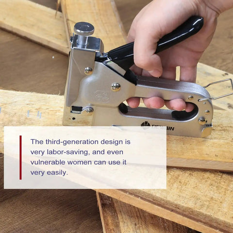 Person using Heavy Duty Upholstery Staple Gun 4 In 1 Stapler With 2000 Staples on wooden carpentry project.