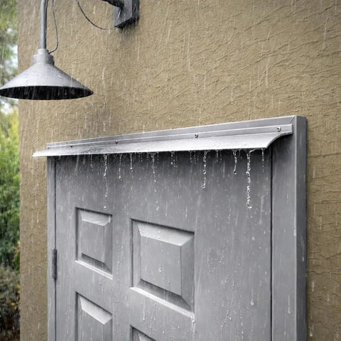 Heavy Duty Exterior Door Rain Drip Guard With Slick White Aluminum Finish installed above a door during heavy rain.