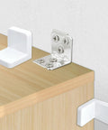 White L Shaped Angle Iron Brackets shown with stainless steel mount. Part of Built To Handle Serious Weight White L Shaped Angle Iron Brackets 4 Pack Heavy Duty Stainless Steel Shelf Mounting Kit For Cabinets Furniture Support No Sweat Install Rock Solid Gear.