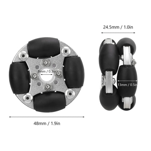 Front and side views of compact double aluminum omni wheel with four black rollers on a silver hub, 48mm diameter.