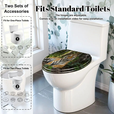 Elongated Tiger portrait Toilet Seat on a standard toilet, featuring durable resin and soft-close hinge.