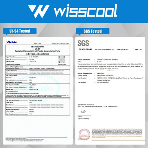 UL-94 and SGS test reports for 2Pack 10mm Thick Fireproof Welding Blanket 12x12 Inches Carbon Felt Shield.