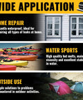 Wide application of waterproof patch and seal tape for home repair, water sports, and outdoor use with kayaks and tents shown.
