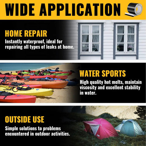 Wide application of waterproof patch and seal tape for home repair, water sports, and outdoor use with kayaks and tents shown.