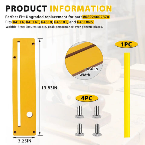 Zero Clearance Table Saw Insert For 10 In Saws That Fits R4514 R4514T R4518 R4518T R4518NS showing plate dimensions and screws.