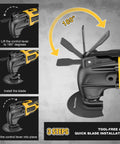 Cordless oscillating multitool with adjustable 180° head and tool-free blade installation; wood and plastics blade shown.