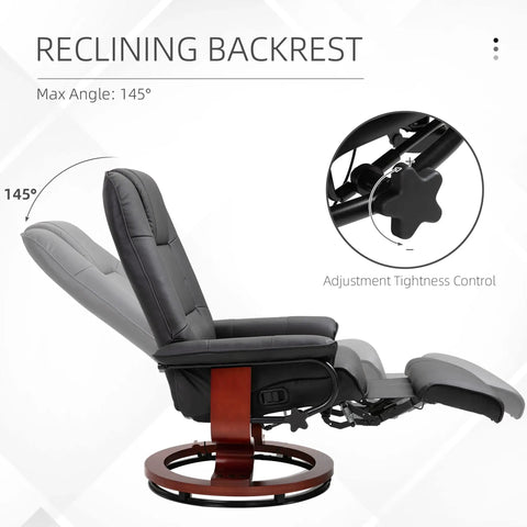 Swivel Recliner Chair With Retractable Footrest In PU Leather On Wood Base Lounge Chair showing reclining backrest angle