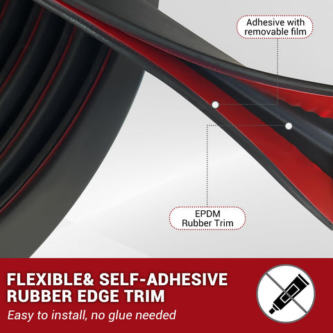 Close-up of self adhesive EPDM rubber edge trim, black, flexible, removable film, U channel for sheet metal edges and car doors.