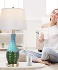 Dope Teal Green Ceramic Table Lamps Set Of 2 in living room, vase-shaped, linen shade, USB ports, touch control