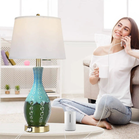 Dope Teal Green Ceramic Table Lamps Set Of 2 in living room, vase-shaped, linen shade, USB ports, touch control