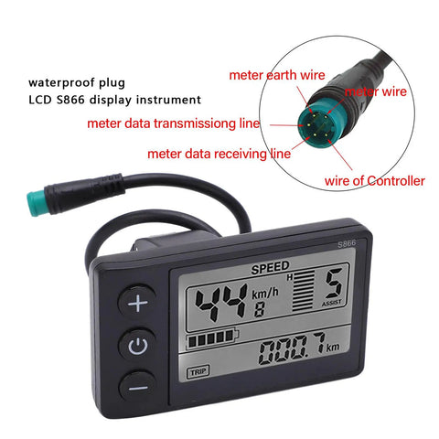 S866 Electric Bike Display LCD Meter For Zero Point Nine Inch Handlebar Mount 24V 36V 48V Bike Computer Screen with 5 Pin Plug