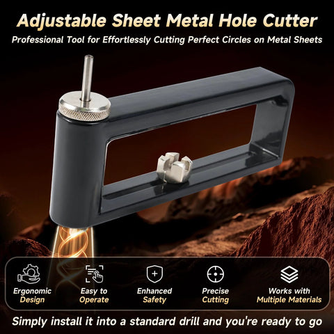 Adjustable sheet metal hole cutter for circular holes, 2–12 inch range, black frame with knurled knob.