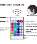 JUDYSSY 30/50/100 W Led Floodlight Outdoor remote control showing brightness and color options with instructions.
