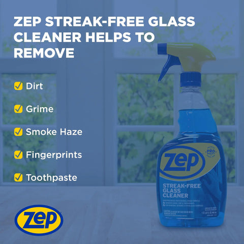 Front view of Zep Streak-Free Glass Cleaner bottle, pro-grade ammonia formula for windows and mirrors, 32 oz size shown.
