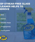 Bottle of Zep Streak-Free Glass Cleaner on table in front of window, focuses on removing dirt, grime, smoke haze, and fingerprints.