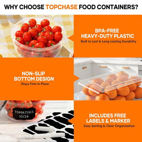 50 Piece Food Storage Set With Lids For Kitchen Organization And Meal Prep Reusable BPA Free Plastic Containers with tomatoes and labels