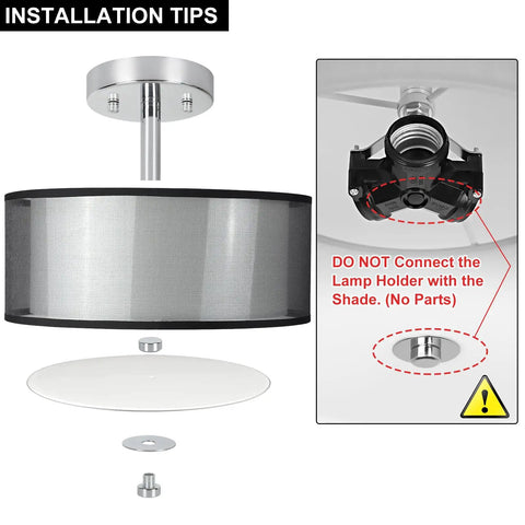 Three Light Modern Semi Flush Mount Ceiling Light With Drum Shade And Double Fabric Shade Brushed Chrome Finish Close To Ceiling Fixture For Living Room Dining Room Bedroom Hallway Entry Foyer