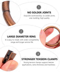 Close-up details of 50 Pieces Vintage Bronze Shower Curtain Hooks with Glide Rings, highlighting no solder joints, large diameter, and tension clamps.