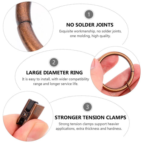 Close-up details of 50 Pieces Vintage Bronze Shower Curtain Hooks with Glide Rings, highlighting no solder joints, large diameter, and tension clamps.