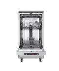 No Sweat Portable Dishwasher In Brushed Platinum Steel Compact Countertop Appliance featuring eight place settings basket tray interior view.