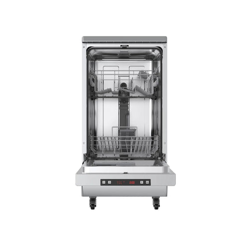 No Sweat Portable Dishwasher In Brushed Platinum Steel Compact Countertop Appliance featuring eight place settings basket tray interior view.