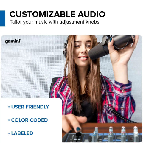 Woman using 12 Channel Bluetooth Audio Mixer With USB Playback And FX For Bands, Podcasters, DJs, And Live Sound Pros.