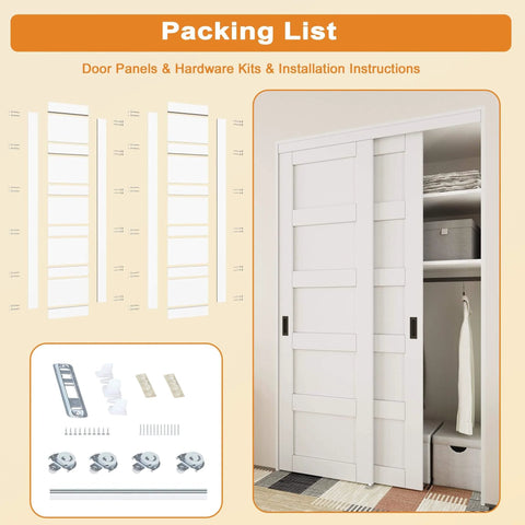 White Paintable MDF Double Five Panel Closet Sliding Doors With Hardware Kit, Pre Drilled Panels, 60 By 80 Inches, Barn Style