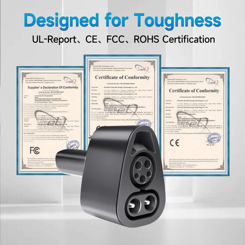 Plug And Play Ccs To Tesla Adapter Delivering Two Fifty Kilowatt Dc Fast Charging For Model 3 Y X S Units displayed with certification documents.