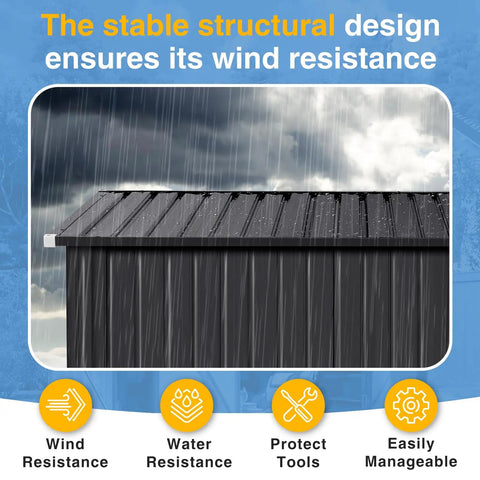 Roof of 8x12 Outdoor Shed With Lean To And Triple Doors Galvanized Steel Utility Shed for Vertical Storage.