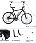 Bicycle Hoist Garage Storage Kit 2-Pack With 100 Lb Capacity installed with bike suspended by ceiling mounted rubber coated hooks.