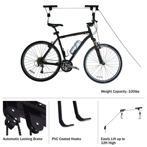 Bicycle Hoist Garage Storage Kit 2-Pack With 100 Lb Capacity installed with bike suspended by ceiling mounted rubber coated hooks.