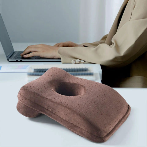 Office Napping Pillow For Neck Support, Ultra Lightweight And Comfy, Travel Friendly Desk Pillow For Naps And Air Travel in brown velvet on desk