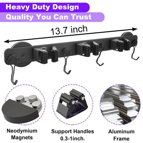 Heavy Duty Magnetic Mop Broom Holder With Swivel Hooks For Cleaning Tools Neodymium Magnet Mount Tool Hanger No Slip Storage Rack