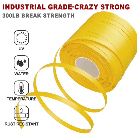 Built Tough For Heavy Lifting No Hassle Polypropylene PP Strapping Half Inch By 1000 Feet Pallet Securing Kit With Self Dispenser Box For Hand Tools 300 Pound Break Strength Secure Loads Fast yellow polypropylene strapping roll.