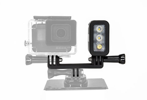 High Power Waterproof Diving Light for GoPro Underwater Video Capture mounted on accessory arm, 130ft Depth Rating.