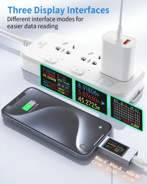 All In One USB C Power Meter Tester 4-30V 0-12A Digital Multimeter With PD Support Type-C Voltmeter connected to devices showing readings
