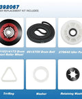 Dryer Maintenance Kit With Drum Roller, Belt And Idler Pulleys Replacement Includes WPW10314173 Roller Set, 661570V Belt And 279640 Pulleys For 4392067VP 2015 Models components on display