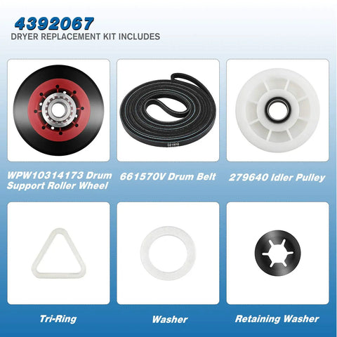 Dryer Maintenance Kit With Drum Roller, Belt And Idler Pulleys Replacement Includes WPW10314173 Roller Set, 661570V Belt And 279640 Pulleys For 4392067VP 2015 Models components on display