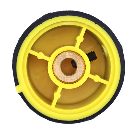 Top view of Shop Proven Drop Dead Smooth Replacement Speed Control Knob Handle For JLG Boom Lift 2560136 with yellow and black grip.